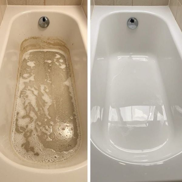 Before and after of a stained bathtub scrubbed clean
