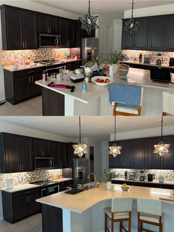 Before and after of a cluttered kitchen cleaned and reset