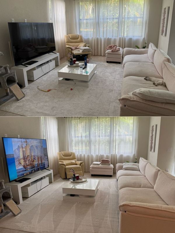 Before and after of a living room cleaned and tidied