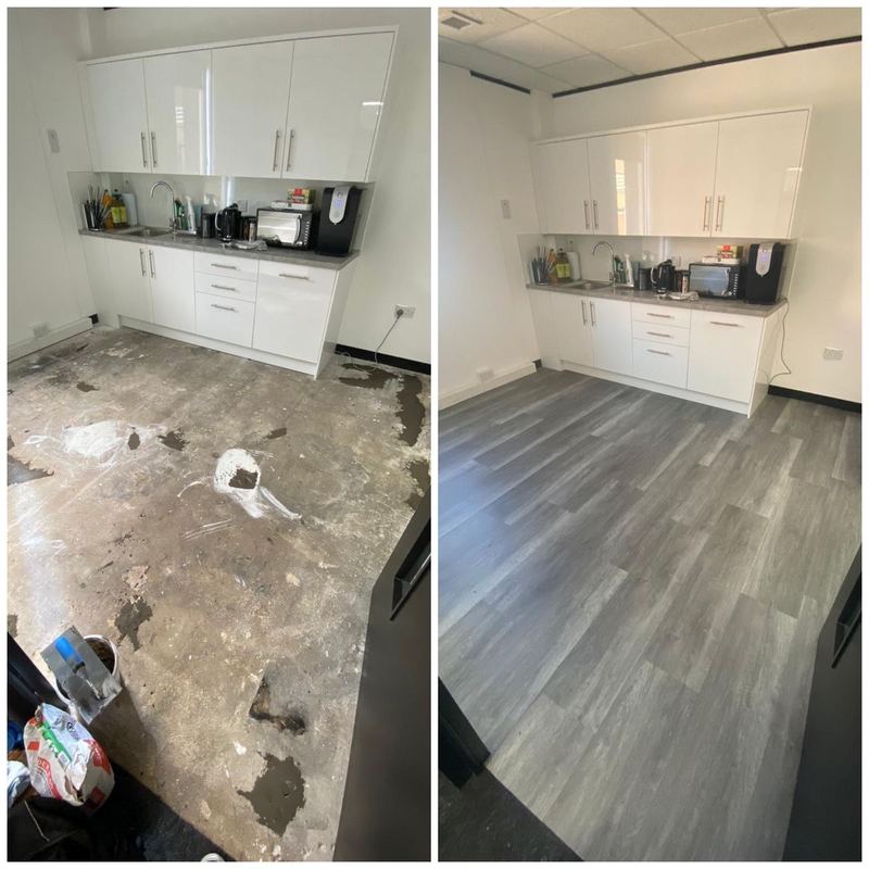 Before and after of a post-construction floor cleaned and cleared of debris