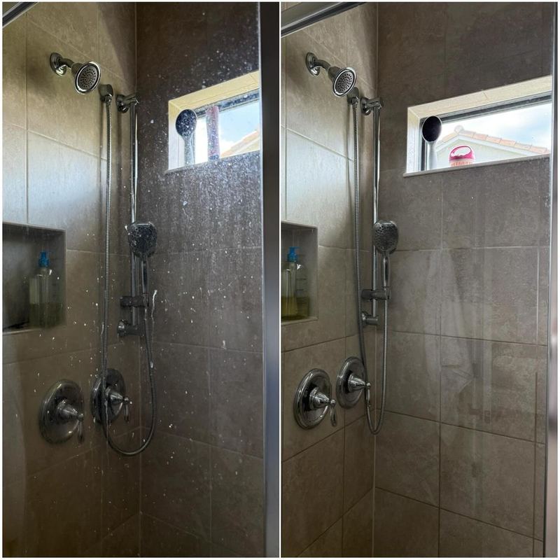 Before and after of a glass shower door with hard water spots removed