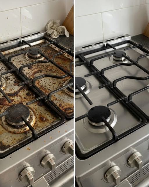 Before and after of a gas stovetop with burnt grease removed