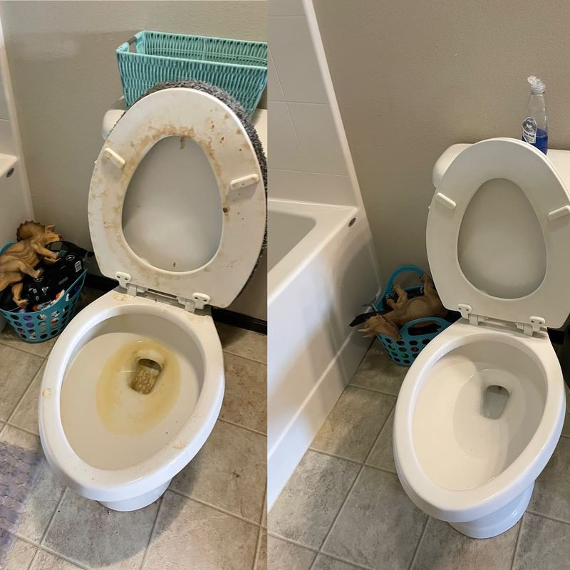 Before and after of hard water stains removed from a toilet bowl and seat